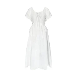 AsGony V-Neck Waisted Puff Sleeve Long Dress