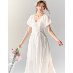 AsGony V-Neck Waisted Puff Sleeve Long Dress