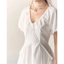 AsGony V-Neck Waisted Puff Sleeve Long Dress
