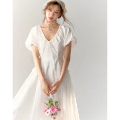 AsGony V-Neck Waisted Puff Sleeve Long Dress