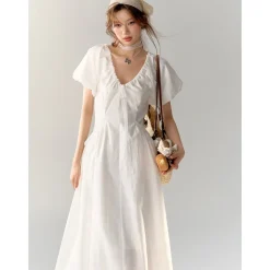AsGony V-Neck Waisted Puff Sleeve Long Dress