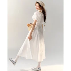 AsGony V-Neck Waisted Puff Sleeve Long Dress