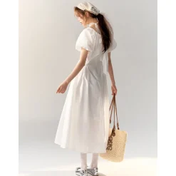 AsGony V-Neck Waisted Puff Sleeve Long Dress