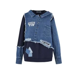 Aventen Pin Denim Deconstruction Shirt Sweater Navy