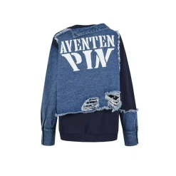 Aventen Pin Denim Deconstruction Shirt Sweater Navy
