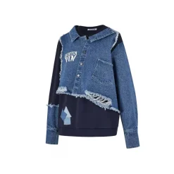 Aventen Pin Denim Deconstruction Shirt Sweater Navy