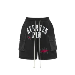 Aventen Pin Denim Patch Sweat Shorts Black
