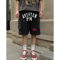 Aventen Pin Denim Patch Sweat Shorts Black