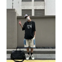 Aventen Pin Denim Patch Sweat Shorts White