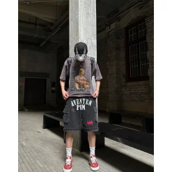 Aventen Pin Denim Patch Sweat Shorts Black