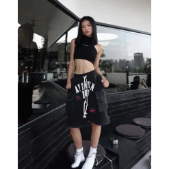 Aventen Pin Denim Patch Sweat Shorts Black