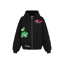 Aventen Pin Destroyed Paisley Zip Up Jacket Black