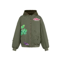 Aventen Pin Destroyed Paisley Zip Up Jacket Olive Green