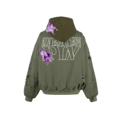 Aventen Pin Destroyed Paisley Zip Up Jacket Olive Green