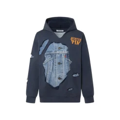 Aventen Pin DIY Tearing Denim Inside Hoodie Navy Blue