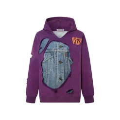 Aventen Pin DIY Tearing Denim Inside Hoodie Purple