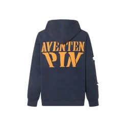 Aventen Pin DIY Tearing Denim Inside Hoodie Navy Blue