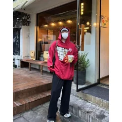 Aventen Pin DIY Tearing Shirt Inside Hoodie Red