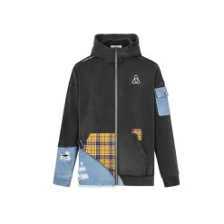 Aventen Pin Multi Denim Patch Zip Up Hoodie Black