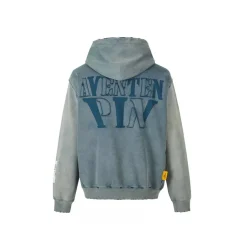 Aventen Pin Patched Logo Washed Hoodie Blue