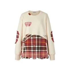 Aventen Pin Patchwork Plaid Broken Sweater White