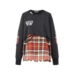 Aventen Pin Patchwork Plaid Broken Sweater Black