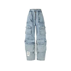 Aventen Pin Signature Logo Patch Pockets Faded Jeans Blue