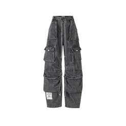 Aventen Pin Signature Logo Patch Pockets Faded Jeans Black