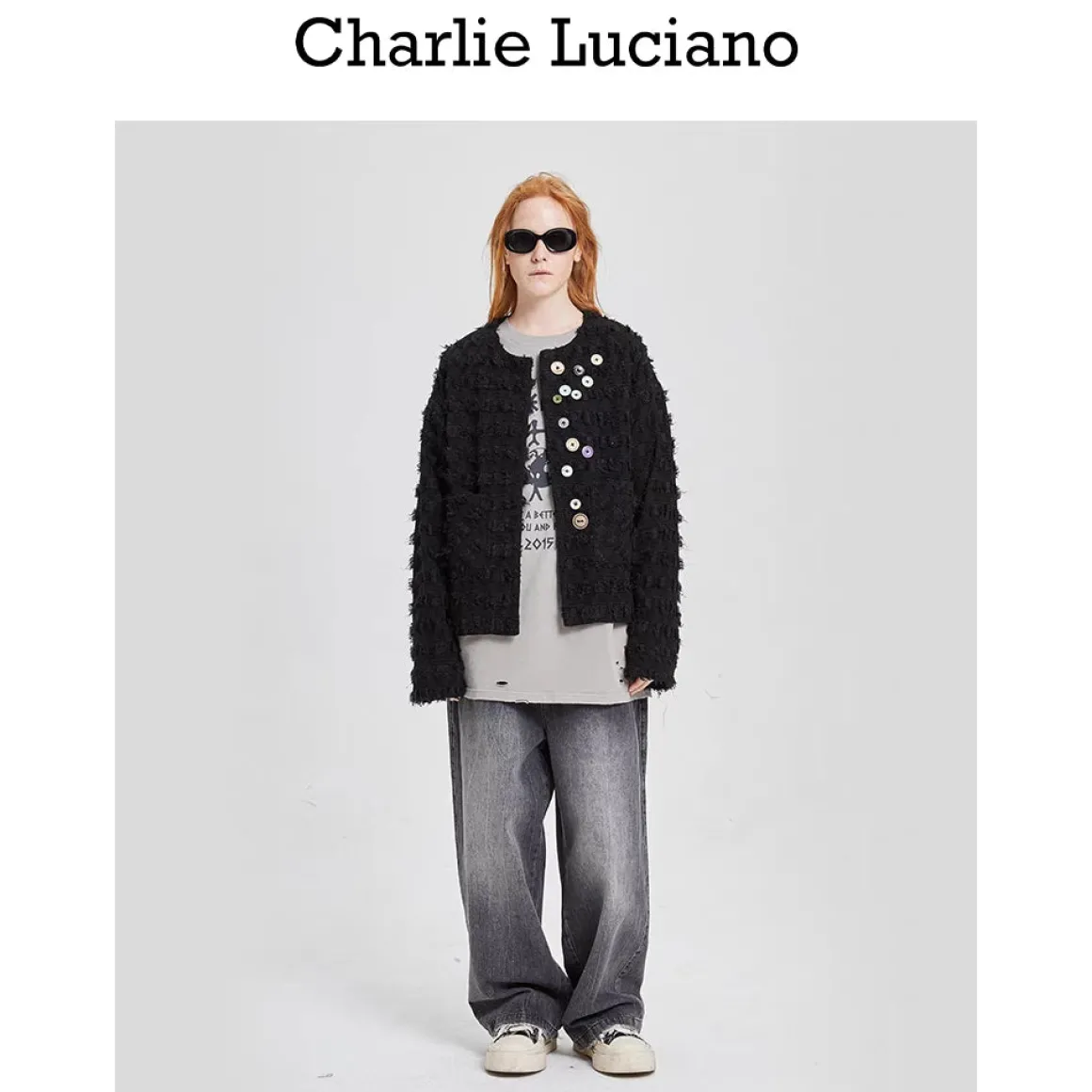 Charlie Luciano Colored Button Tassel Tweed Coat Black