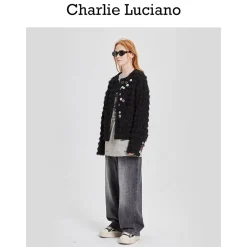 Charlie Luciano Colored Button Tassel Tweed Coat Black