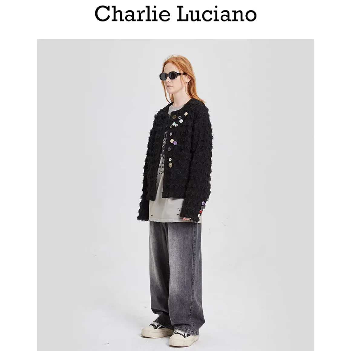 Charlie Luciano Colored Button Tassel Tweed Coat Black