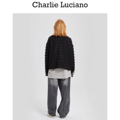 Charlie Luciano Colored Button Tassel Tweed Coat Black