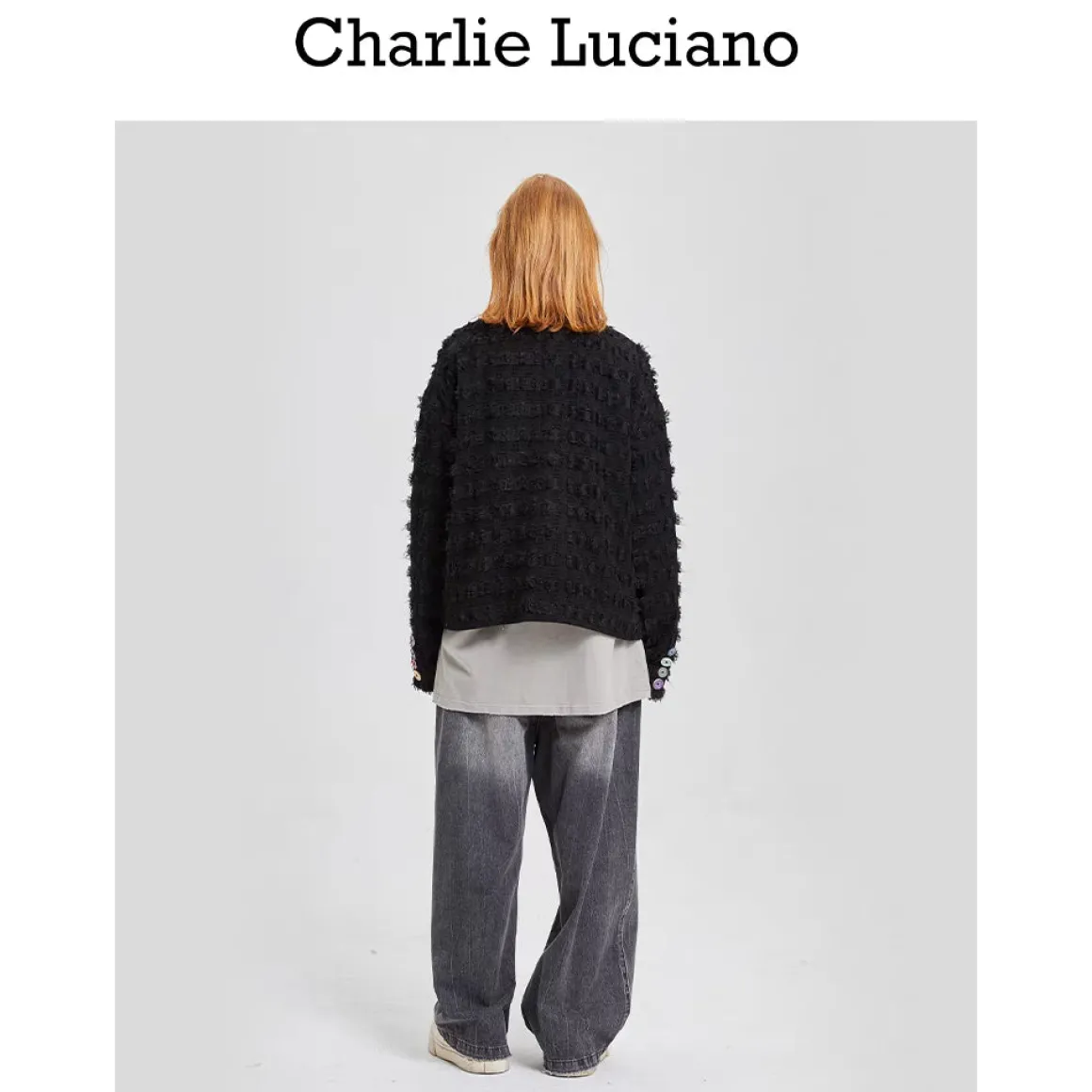 Charlie Luciano Colored Button Tassel Tweed Coat Black