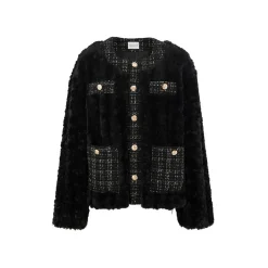 Charlie Luciano Tweed Patch Faux Fur Coat Black