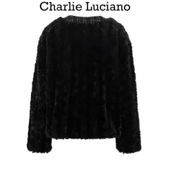 Charlie Luciano Tweed Patch Faux Fur Coat Black