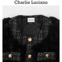 Charlie Luciano Tweed Patch Faux Fur Coat Black