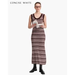 Concise-White Color Striped Knitted Long Dress