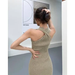 Concise-White Cross Vest Knit Dress Grey