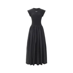Concise-White Stitching Printed Logo Dress Black