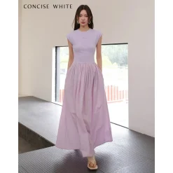 Concise-White Stitching Printed Logo Dress Purple