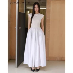 Concise-White Stitching Printed Logo Dress White
