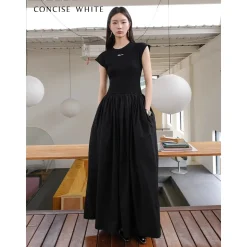 Concise-White Stitching Printed Logo Dress Black