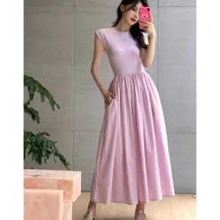 Concise-White Stitching Printed Logo Dress Purple