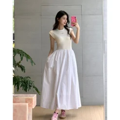 Concise-White Stitching Printed Logo Dress White