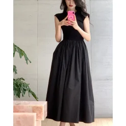 Concise-White Stitching Printed Logo Dress Black