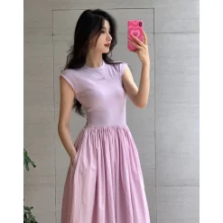 Concise-White Stitching Printed Logo Dress Purple