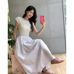 Concise-White Stitching Printed Logo Dress White