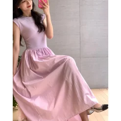 Concise-White Stitching Printed Logo Dress Purple