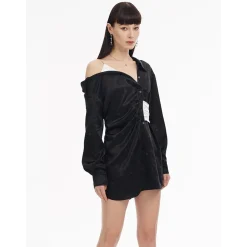 Cottia Off-Shoulder Contrast Color Shirt Dress Black
