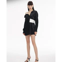 Cottia Off-Shoulder Contrast Color Shirt Dress Black
